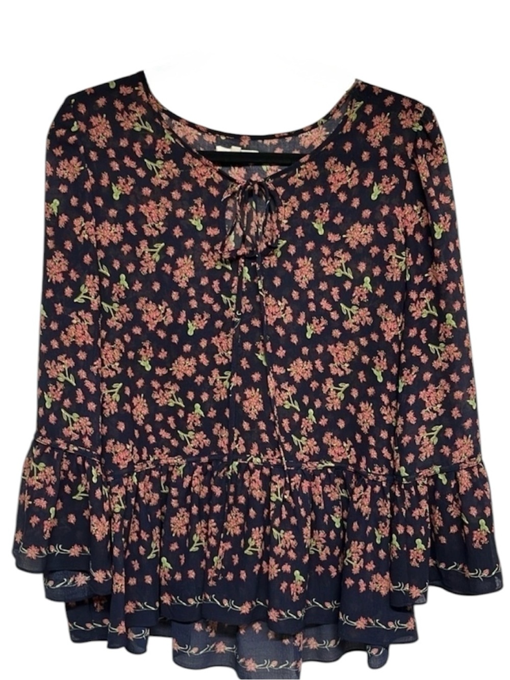 Max Studio Floral Boho Peplum Blouse Tie Neck Long Sleeve Top